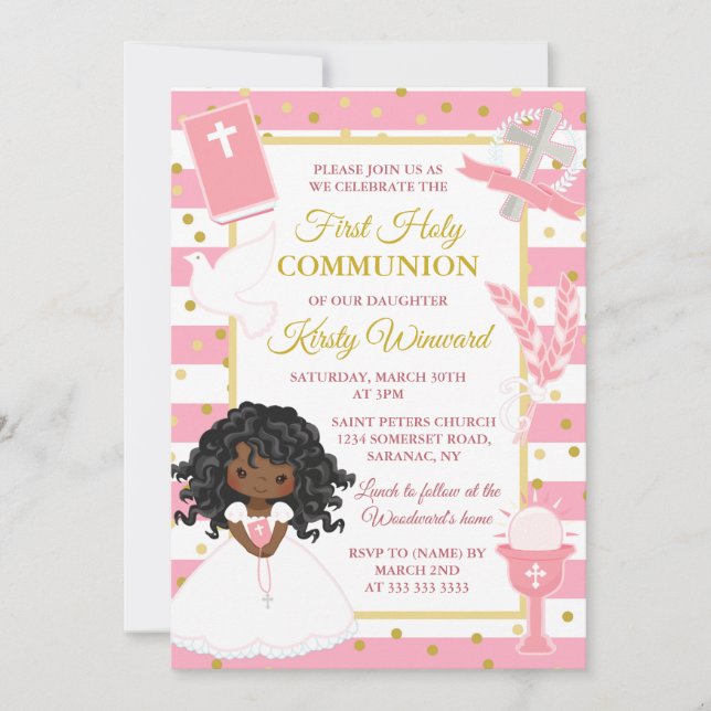 Pink African American Girl First Holy Communion Invitation (Front)
