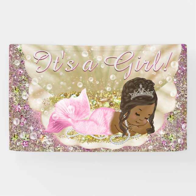 Pink African American Mermaid Baby Shower Banner (Horizontal)