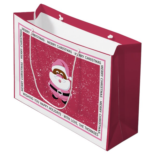 Pink African-American Santa Claus Christmas Large Gift Bag (Front Angled)