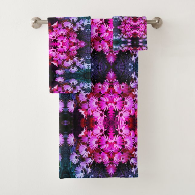 Pink African Daisy Flowers Abstract Art   Bath Towel Set (Insitu)