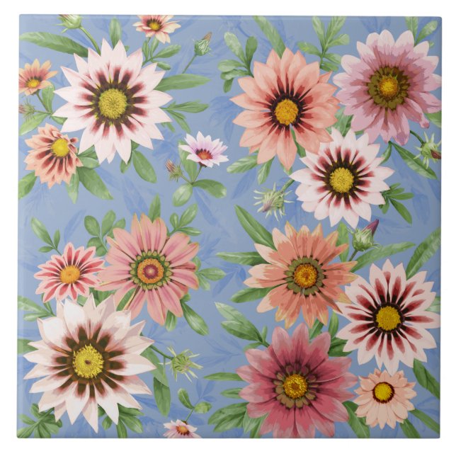 Pink African Gazania Daisies Floral Botanical Art Tile (Front)