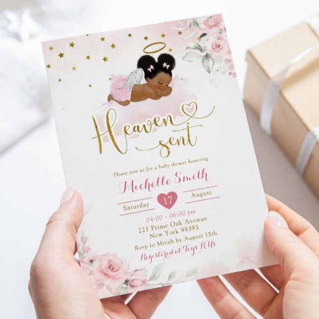 Pink Afro African Baby Heaven Sent Baby Shower Invitation (Creator Uploaded)