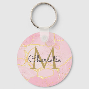 Pink Agate Geode Gold Monogram Elegant Script  Key Ring