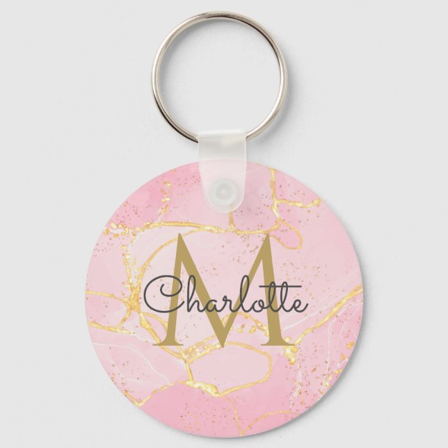 Pink Agate Geode Gold Monogram Elegant Script  Key Ring (Front)