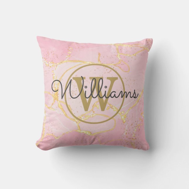 Pink Agate Geode Gold Monogram Name Cushion (Front)