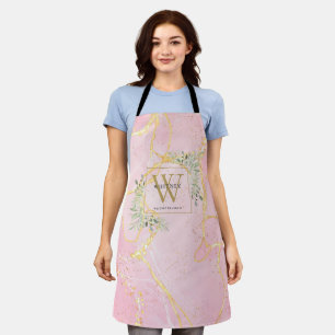 Pink Agate Geode Greenery Leaves Gold Monogram Apron