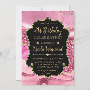 Pink Agate Geode Slices and Gold Glitter Birthday Invitation