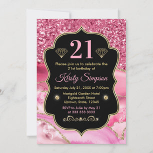 Pink Agate Geode Slices and Gold Glitter Birthday Invitation