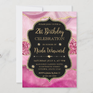 Pink Agate Geode Slices and Gold Glitter Birthday Invitation