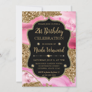 Pink Agate Geode Slices and Gold Glitter Birthday Invitation