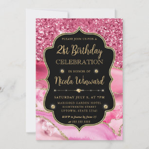 Pink Agate Geode Slices and Gold Glitter Birthday Invitation