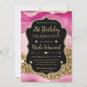 Pink Agate Geode Slices and Gold Glitter Birthday Invitation