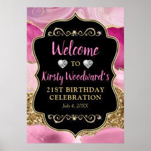 Pink Agate Geode Slices and Gold Glitter Birthday Poster