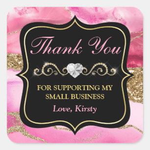 Pink Agate Geode Slices & Gold Small Business Square Sticker