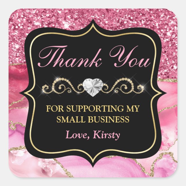 Pink Agate Geode Slices & Gold Small Business Square Sticker (Front)