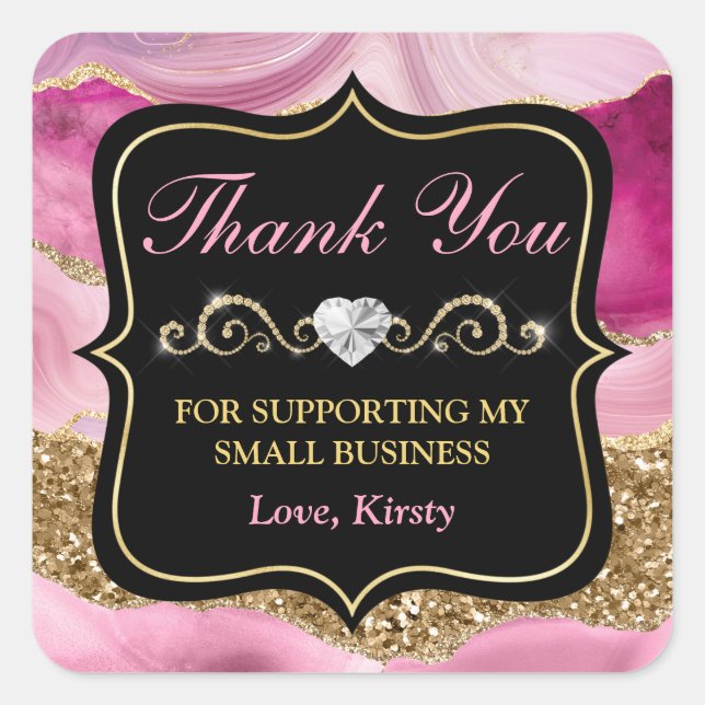 Pink Agate Geode Slices & Gold Small Business Square Sticker (Front)