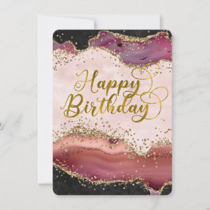 Pink Agate & Gold Glitter Happy Birthday Flat Card