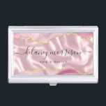 Pink Agate Gold Glitter Luxury Business Card Holder<br><div class="desc">This elegant modern business card features an image of pink silk, framed on the top and bottom by pink watercolor agate borders trimmed with sparkly gold faux glitter. Personalise it with your name in off-black handwriting-style script and your business information in sans serif font. The reverse is a coordinating shade...</div>