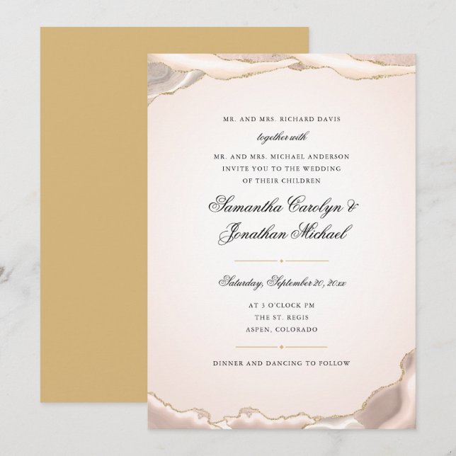 Pink Agate Gold Glitter Script Wedding Invitation (Front/Back)