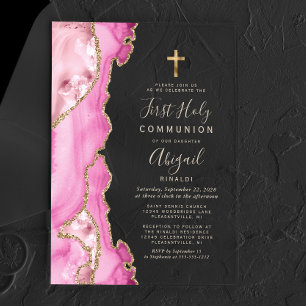 Pink Agate Gold Text Girls First Holy Communion Acrylic Invitations