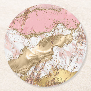 Pink agate marble rose gold glitter round paper coaster