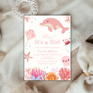 Pink Ahoy Under The Sea Dolphin Girl Baby Shower  Invitation