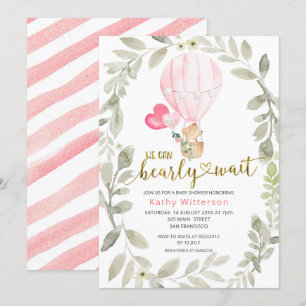 Pink Air Balloon We Can Bearly Wait Baby Shower   Invitation