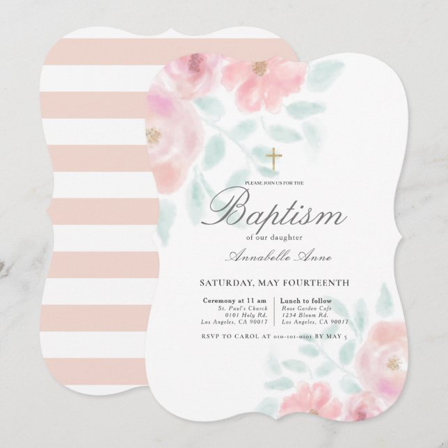 Pink Airy Roses Floral Girl Baptism Invitation (Front/Back)