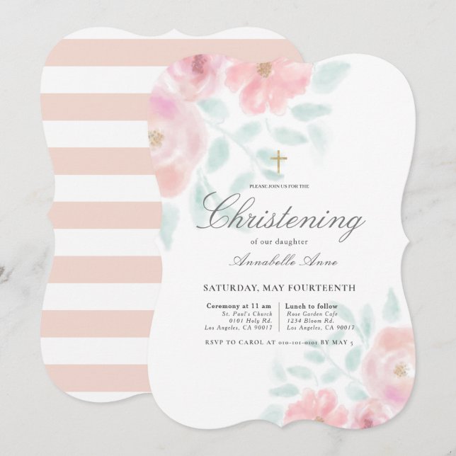 Pink Airy Roses Floral Girl Christening Invitation (Front/Back)