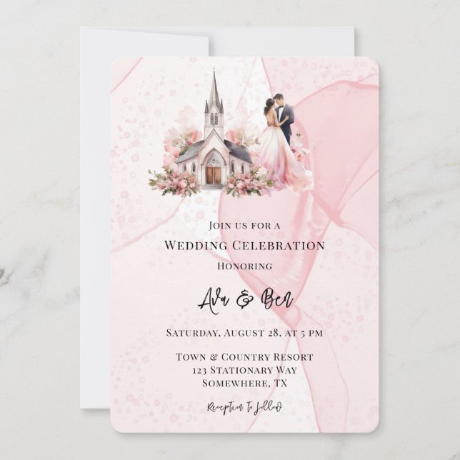 Pink Alcohol Floral Church Wedding Celebration  Invitation (Front)