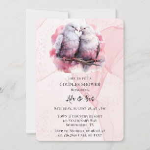 Pink Alcohol Ink Two Love Birds Couples Shower Invitation
