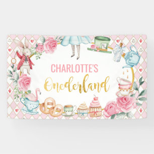 Pink Alice in Onederland 1st Birthday Backdrop Banner