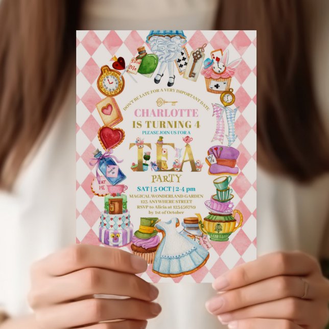 Pink Alice in Wonderland 4th birthday Invitation (Creator Uploaded)