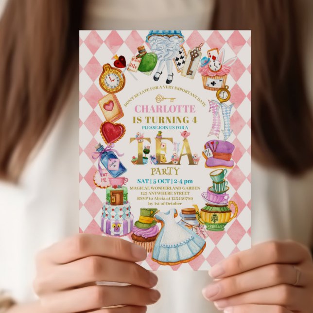 Pink Alice in Wonderland 4th birthday Invitation (Creator Uploaded)