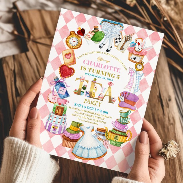 Pink Alice in Wonderland 5th birthday Invitation (Creator Uploaded)