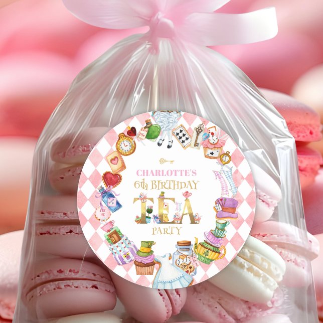 Pink Alice in Wonderland 6th Birthday   Classic Round Sticker (Creator Uploaded)