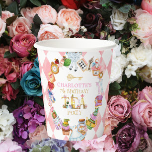 Pink Alice in Wonderland 7th birthday Paper Cups