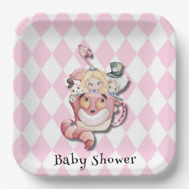 Pink Alice in Wonderland and Friends Baby Shower Paper Plate (Front)