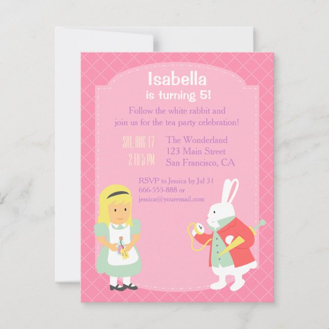 Pink Alice in Wonderland Birthday Tea Party Invitation (Front)