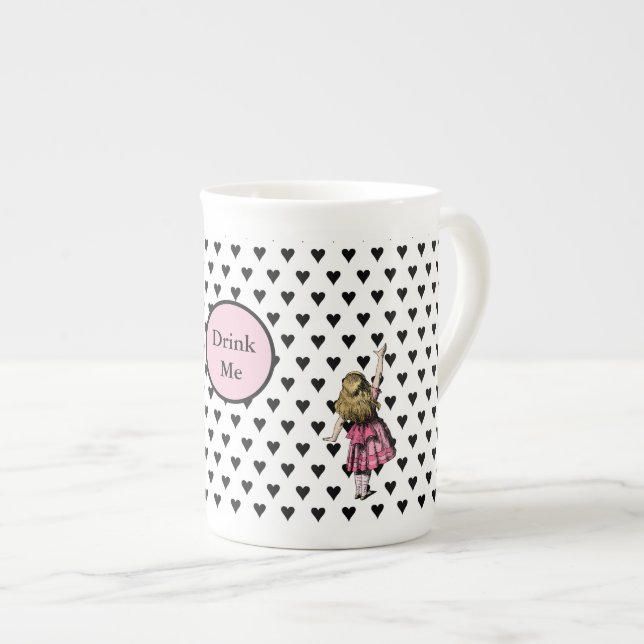 Pink Alice in Wonderland Black Heart Drink Me Bone China Mug (Front Right)