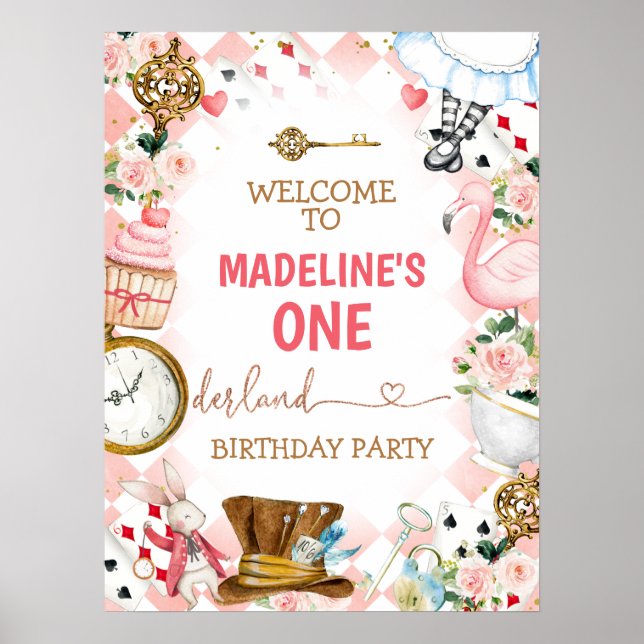 Pink Alice In Wonderland Oneder Birthday Welcome Poster (Front)