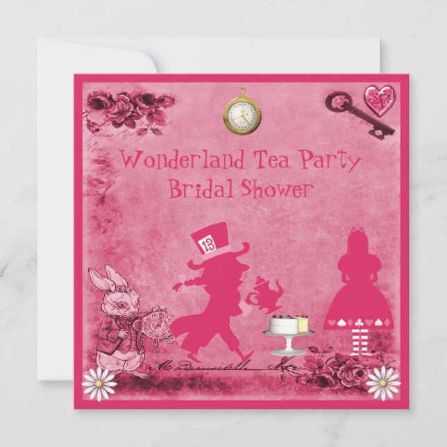 Pink Alice in Wonderland Tea Party Bridal Shower Invitation (Front)