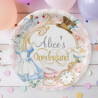 Pink, Alice Onederland, Girl 1st birthday Paper Plate