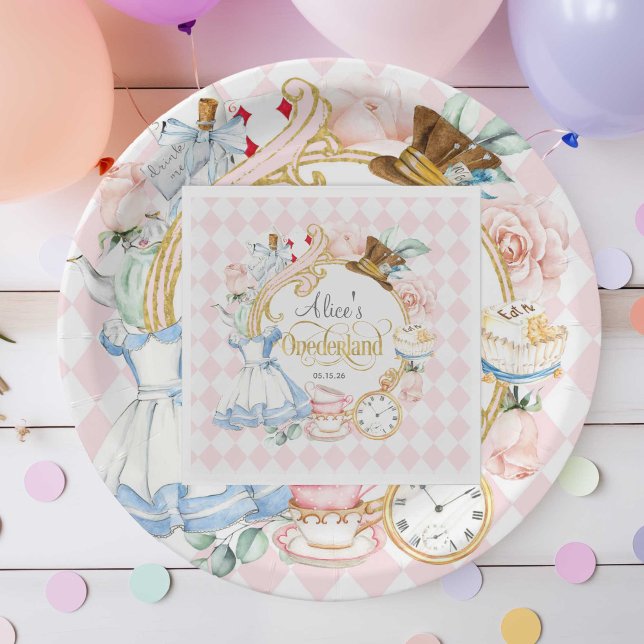 Pink, Alice Onederland, Mad Hatter, Tea party  Napkin (Pink, Alice Onederland, tea party, mad hatter, birthday paper napkins.
)