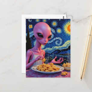 Pink Alien Eating Pierogies Postcard