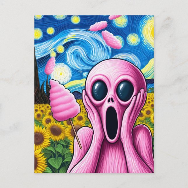 Pink Alien Sunflower Field Raining Cotton Candy Postcard (Front)