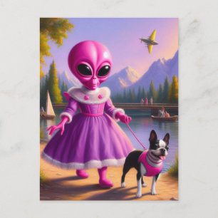 Pink Alien Walking Her Boston Terrier at Lake Postcard