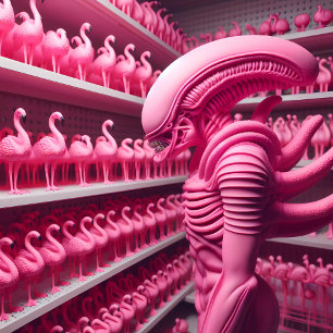 Pink Alien Xenomorph and Flamingos 3 Poster