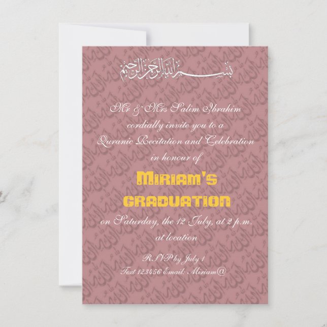 Pink Allah muslim celebration Invitation (Front)