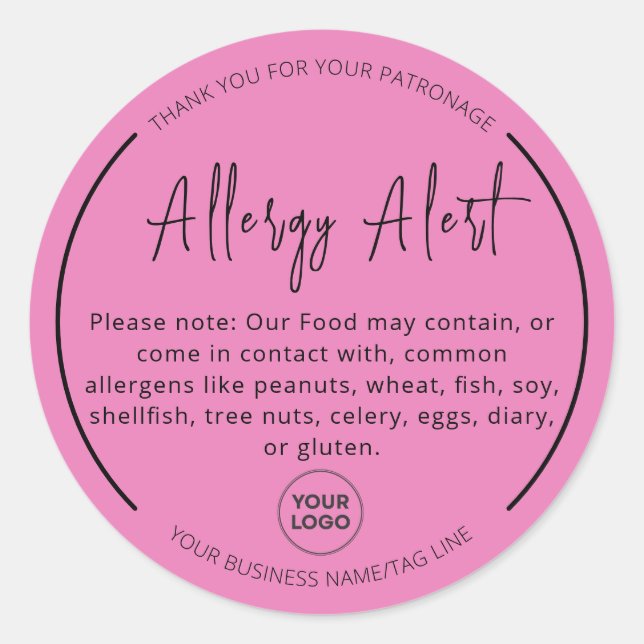 Pink Allergy Food Warning Alert Round Sticker (Front)
